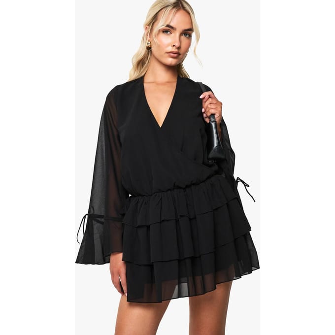 boohoo Dames Chiffon langarm mini-jurk | Black | Maat: 8