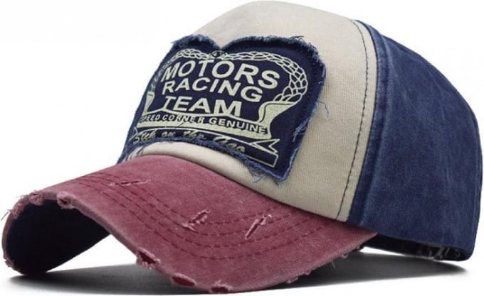 Baseball Cap Motors Racing – eCarla – Rood/Blauw - Denim Pet met scheureffect