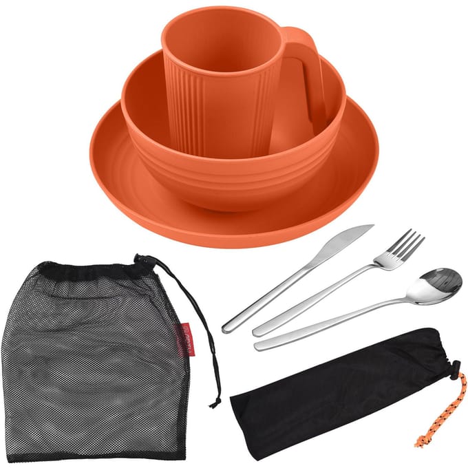 Camping Servies Set voor 1 Draagbare Tarwestro Mess Kit met Kom Bord Beker Vork Mes Lepel oranje