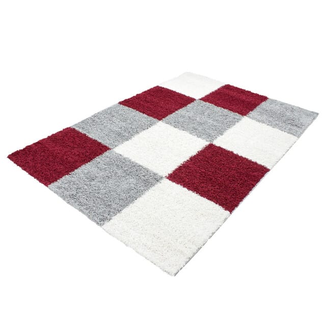 Muratap Basic shaggy geblokt vloerkleed rood / grijs hoogpolig- 80x250 cm