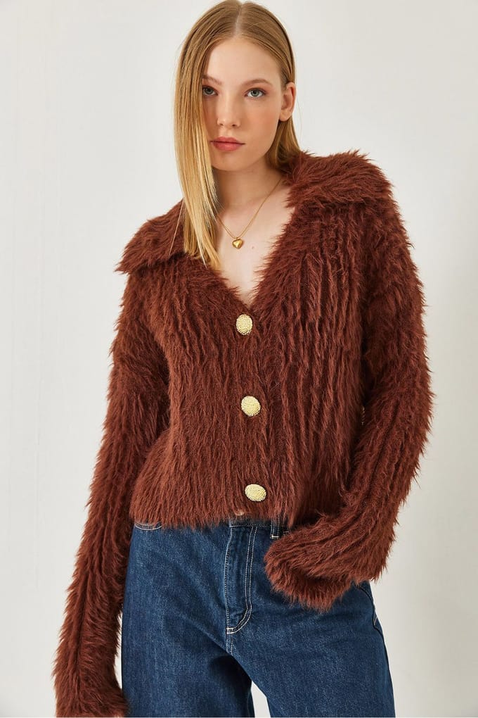 Gestrikt V-hals Ribgebreide Cardigan met Neppelsdierenbont