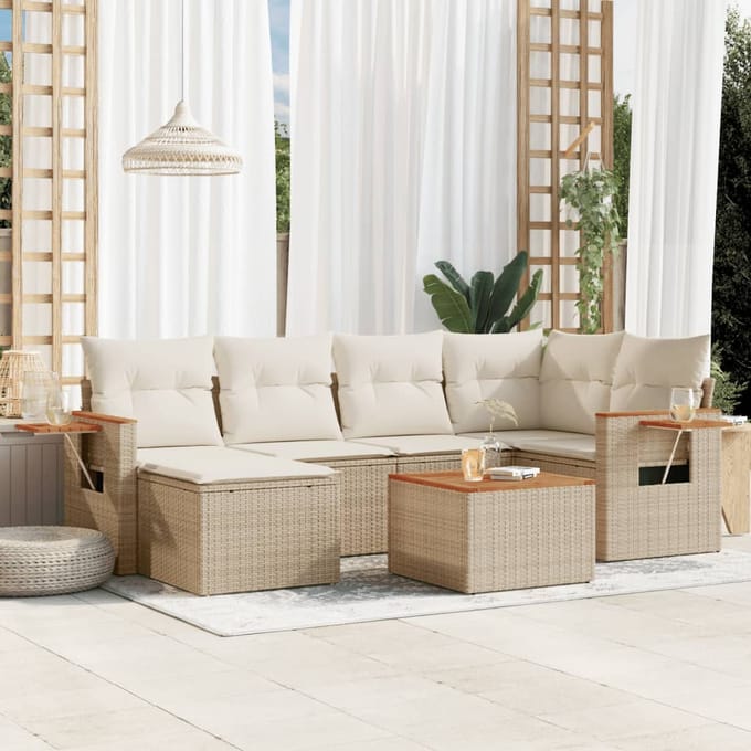 vidaXL - 7-delige - Loungeset - met - kussens - poly - rattan - beige