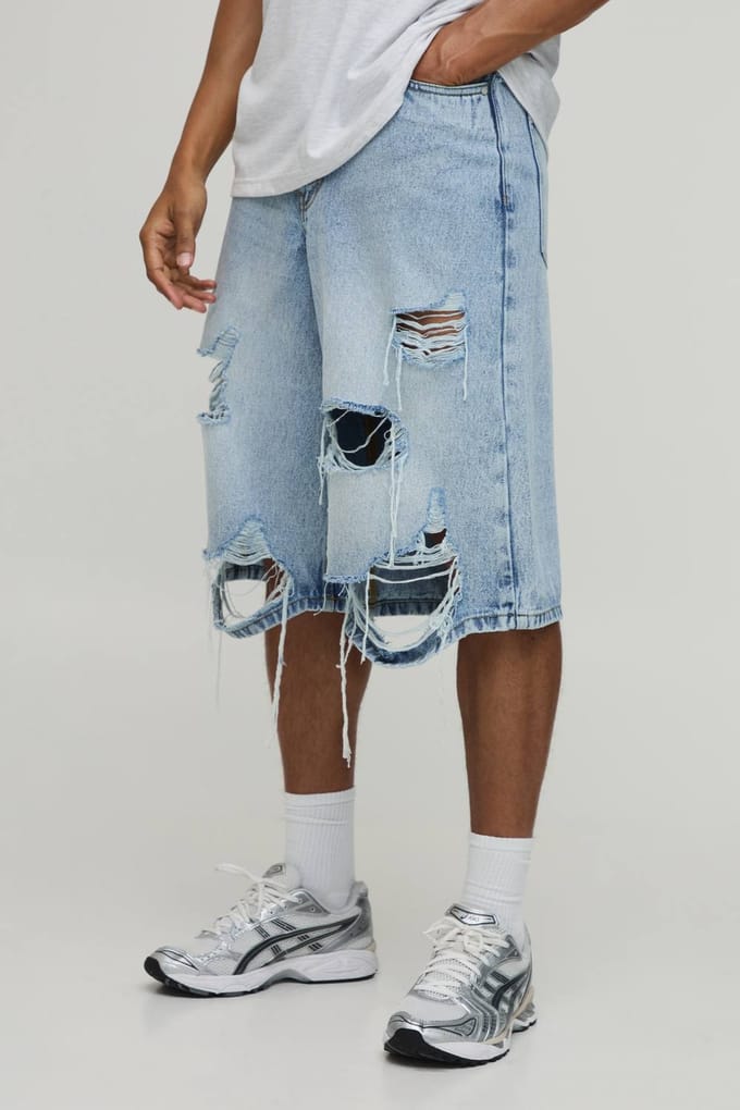 Fade Wash Extreme Distressed Longline Jorts | Light Blue | Size 48