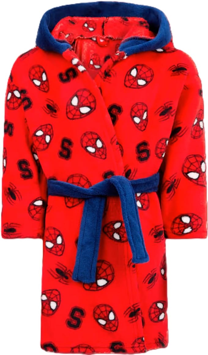 Spiderman badjas - fleece - capuchon - kamerjas - ochtendjas - duster - rood - maat 98-104