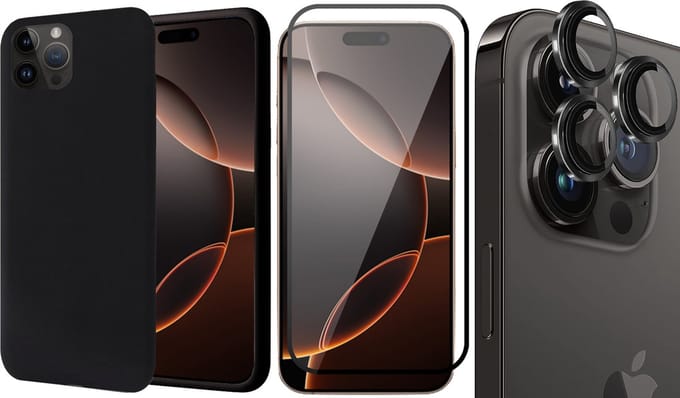 Hoesje geschikt voor iPhone 16 Pro Max - Screenprotector Volledig Dekkend Glas & Camera Protector - Matte Case Zwart met Fluweelzachte Binnenzijde