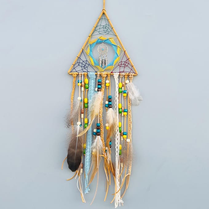 Pendentif attrape-rêves en plumes indiennes, pendentif triangulaire créatif tissé à la main pour la maison