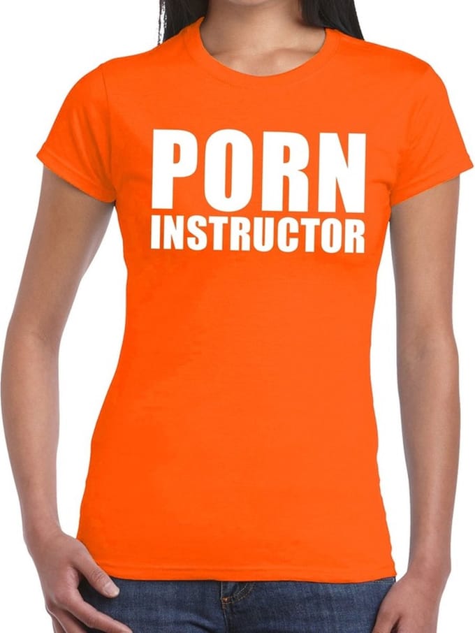 Porn instructor tekst t-shirt oranje dames XS