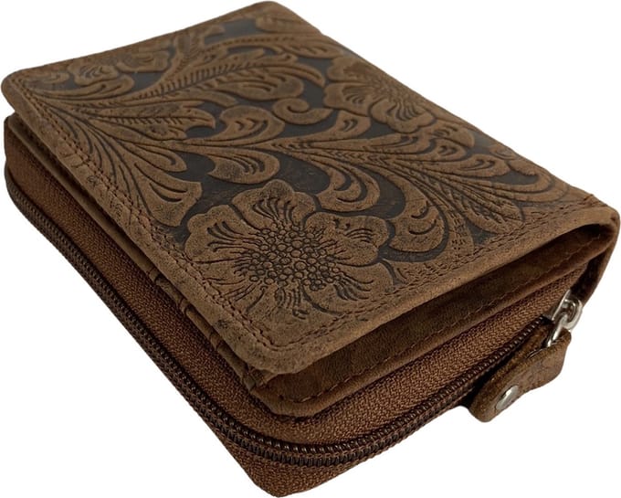 Portemonnee Dames - Buffelleer - Leer - RFID - Bloemenprint - Cognac - Arrigo