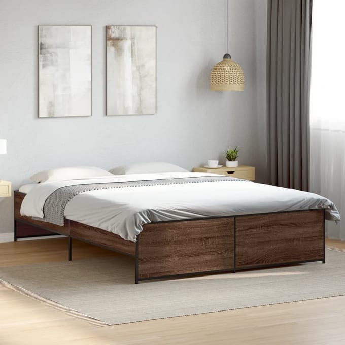 vidaXL - Bedframe - bewerkt - hout - metaal - bruin - eikenkleur - 150x200 - cm