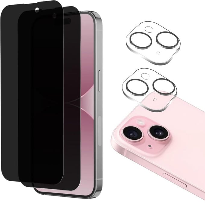 Screenprotector geschikt voor iPhone 15 Plus - 2 stuks Beschermglas Privacy Glas Screenprotector van glazen schermbeschermfolie + 2 stuks Camera Protector