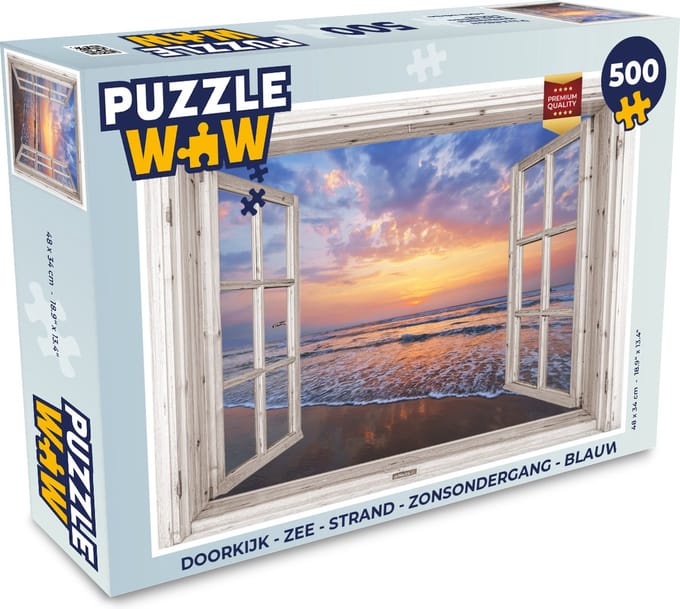Puzzel Doorkijk - Zee - Strand - Zonsondergang - Blauw - Legpuzzel - Puzzel 500 stukjes