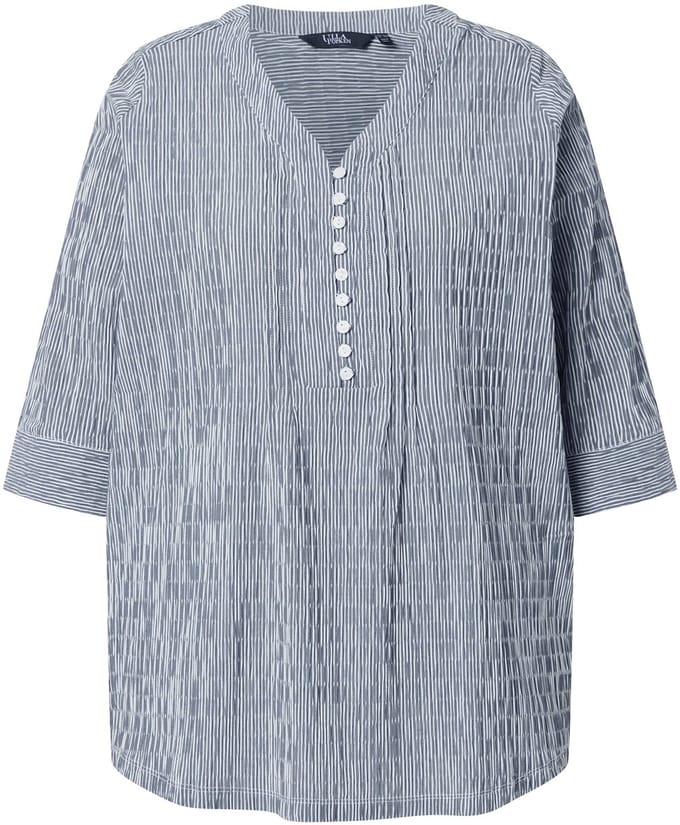 Ulla Popken - Dames - Tuniek strepen biesjes bubble-structuur 3/4-mouwen - Zwart - Maat 46+