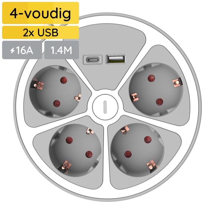 Technik Stekkerdoos met USB 1.4m - Rond - 4-Voudig - USB C - USB A - Wit