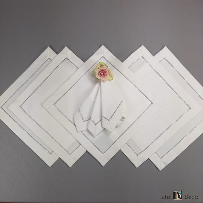 Servetten, Aga, set van6, 36x36, wit met zilver, vuilafstotend