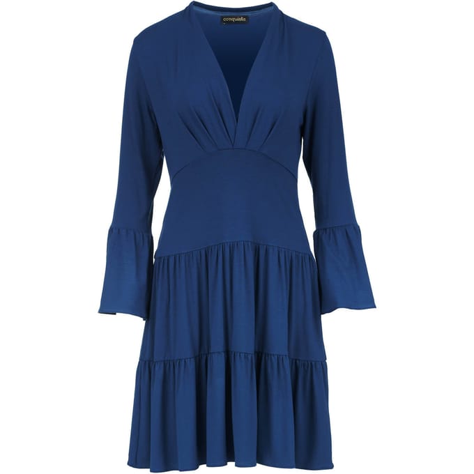 Blauwe jersey gestreepte jurk