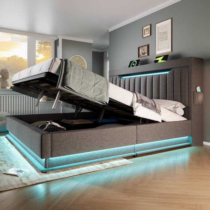 MODFU Gestoffeerd Tweepersoonsbed – 180x200 cm – LED & USB – Opbergruimte – Linnen – Grijs
