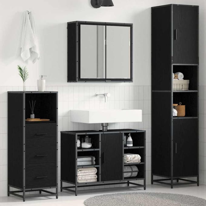 vidaXL - Badkamermeubel - Set - 3 - st - Zwart - Eiken - Bewerkt - hout