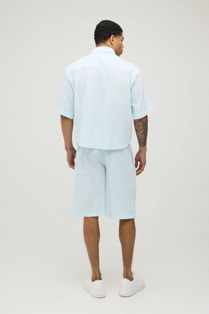 Overgeverfd Seersucker Bedrukt Oversized Boxy Shirt & Longline Baggy Short Set | Light Blue | Size Medium
