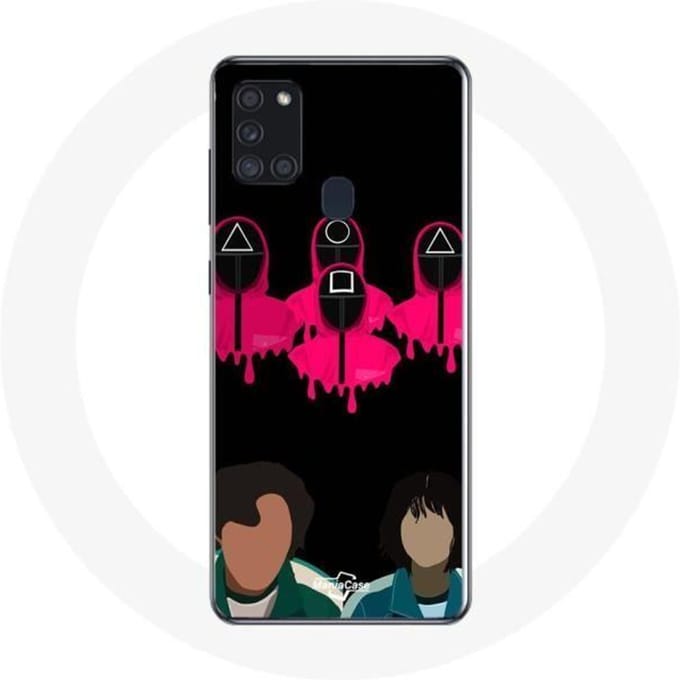 Coque Samsung Galaxy A21S Squid Game Seong Gi hun et Kang Sae Byeok Masques Triangle carré et Cercle