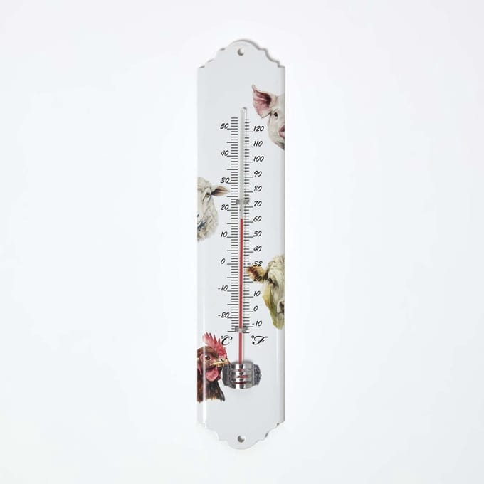 Homescapes binnen- en buitenthermometer wit met boerderijdieren