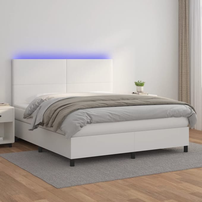 vidaXL - Boxspring - met - matras - en - LED - kunstleer - wit - 180x200 - cm