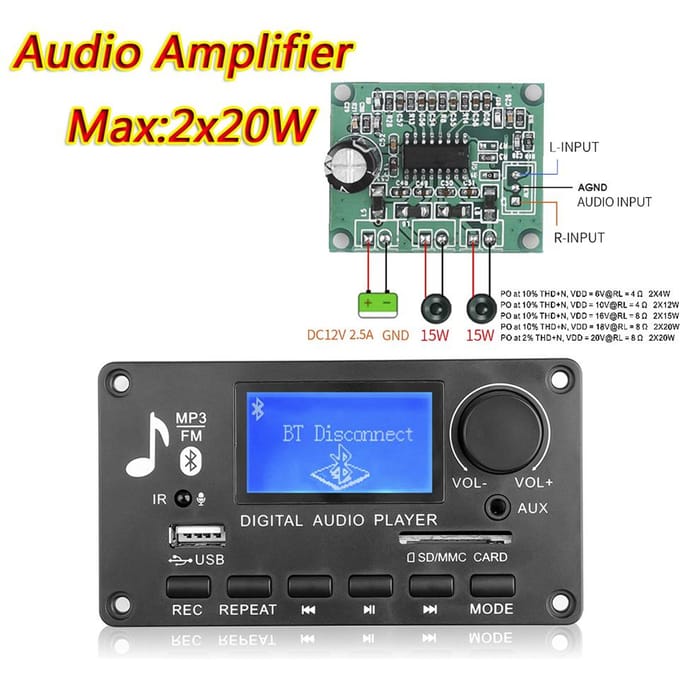 12V LCD MP3-decoder DAC Bluetooth V5.0 Audio-ontvanger APE FLAC WMA WAV-decoder Ondersteuning Opname Radio Songteksten Display met versterkerbord