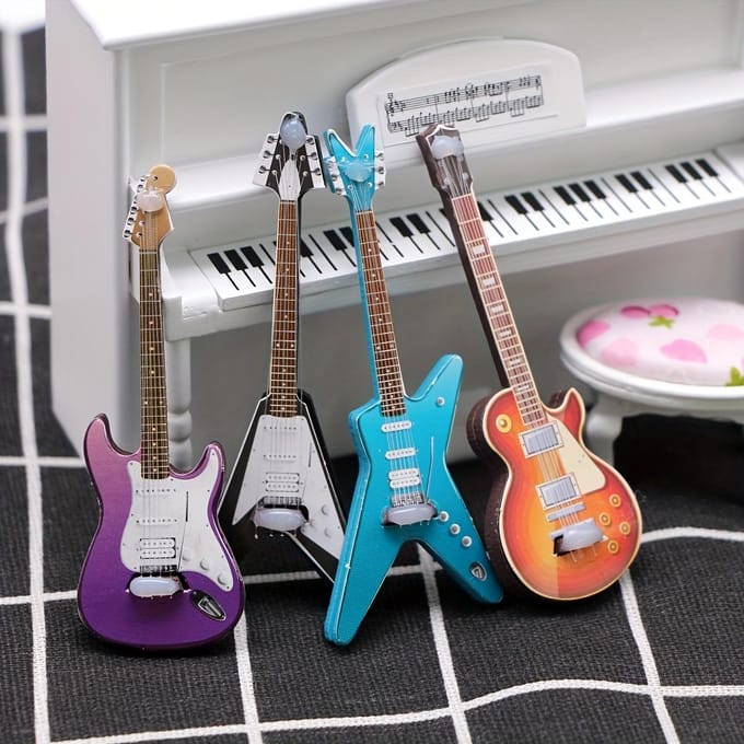 1/4 stuks Mini Simulatie Elektrische Gitaar Populaire Gitaar Passende Miniatuur Scène Rekwisieten Poppenhuis Model Accessoires