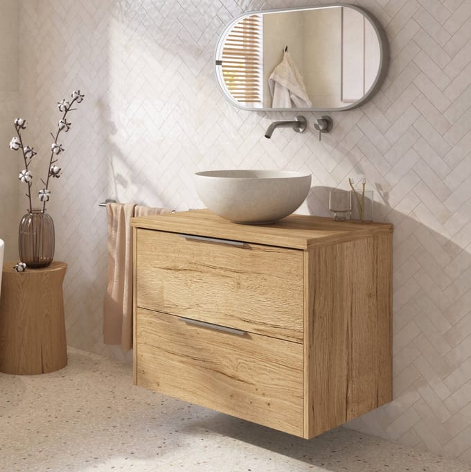 Saqu Lima badmeubel incl. afdekblad 80x51x62cm eiken marcato – rvs greep