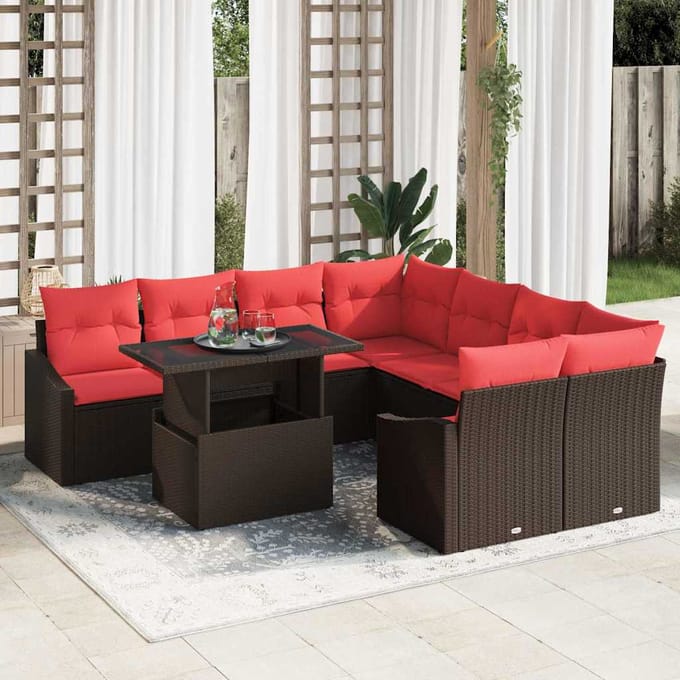 vidaXL - Tuinbank - Set - 9 - st - Bruin - en - Rood - poly - rattan