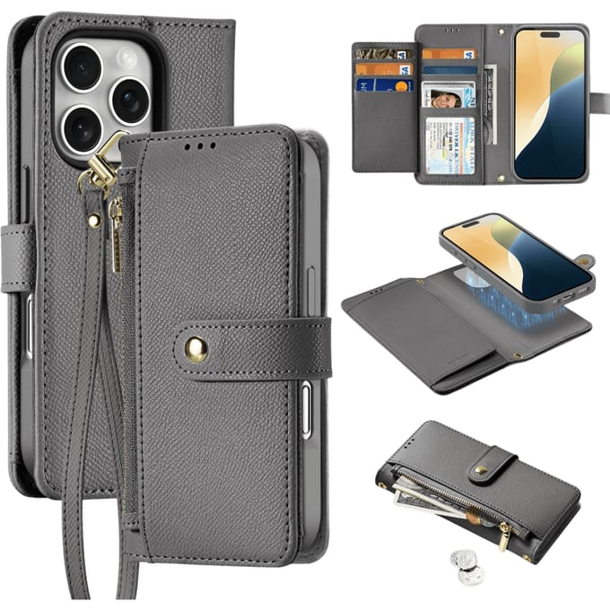 Dux Ducis Lava Leather Case for iPhone 16 Pro with Detachable Magnetic Wallet - Gray
