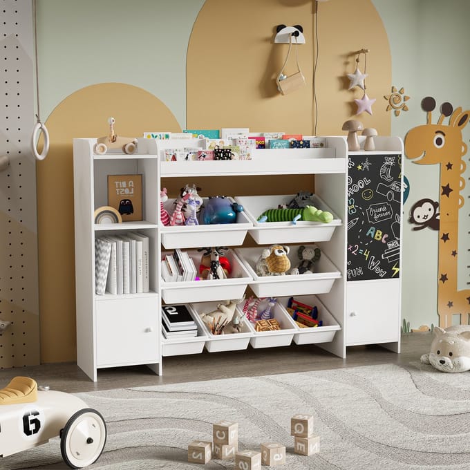 Kinderboekenplank met open opbergvak en schoolbord, witte speelgoedorganizer voor kinderen
