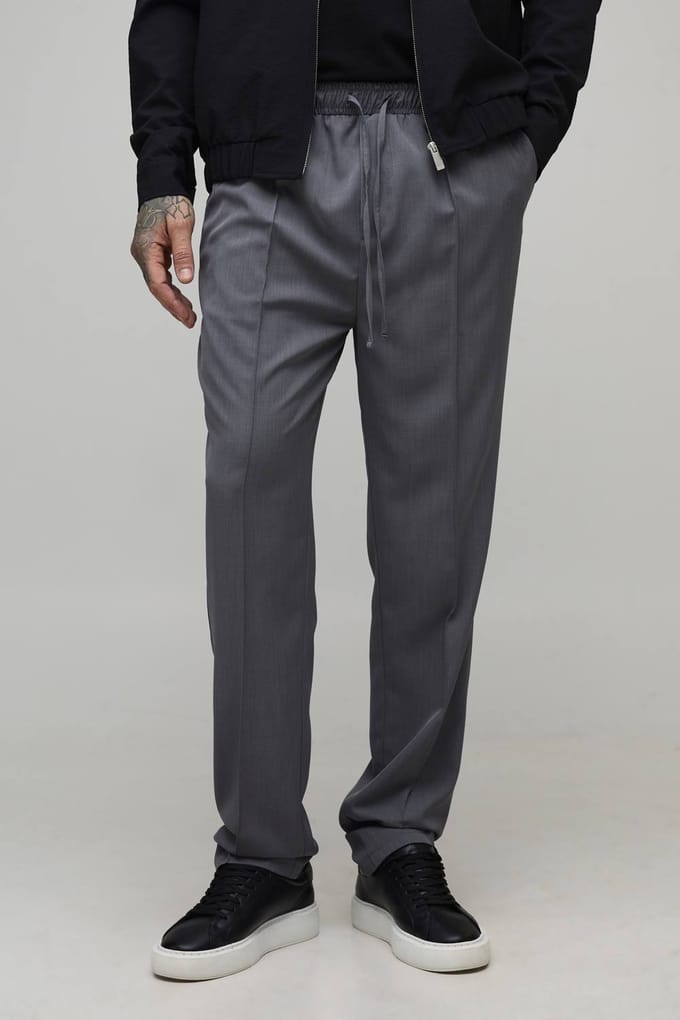 Tall Straight Fit Smart Elasticated Pintuck Trousers | Grey | Size Small