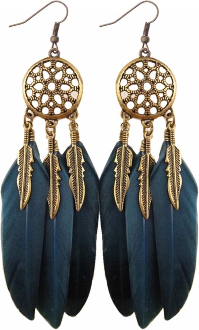 Fako Bijoux® - Oorbellen - Veren - Dromenvanger - Rond - Blauw