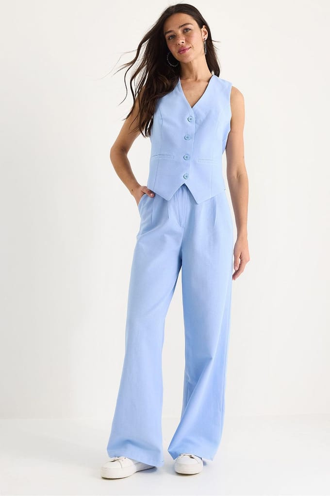 V-hals Vest en Wijde Pantalon Twee-delige Coord Set