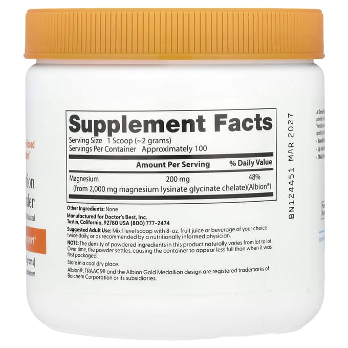 Doctor's Best, Poudre de Magnésium à Haute Absorption, 7,1 oz (200g)
