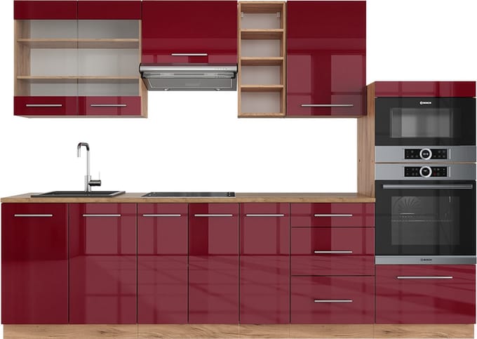 Vicco Fame-Line Complete keukeneenheid – 280 cm, WB Eik Bordeaux hoogglans/gouden eik