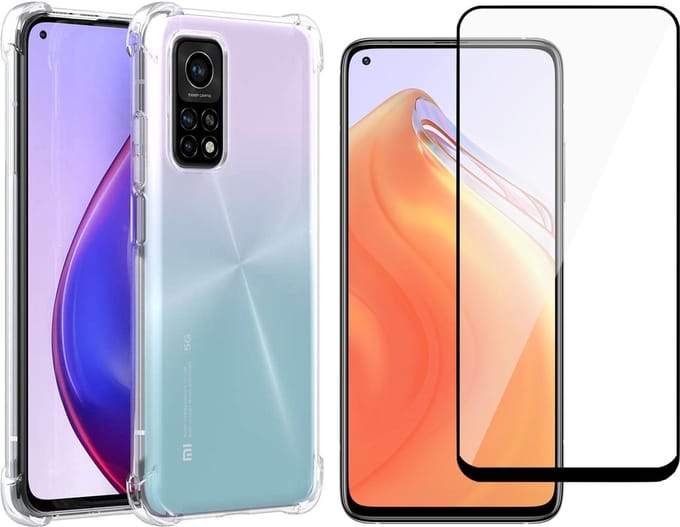Hoesje geschikt voor Xiaomi Mi 10T Transparant Shock Proof Cover Case + Screenprotector Tempered Glass Full Screen Protector Glas