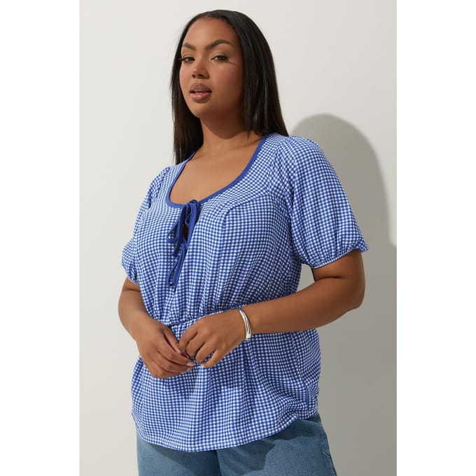 Limited Collection Top Met Ginghamprint En Striksluiting In Kobaltblauw Size 48
