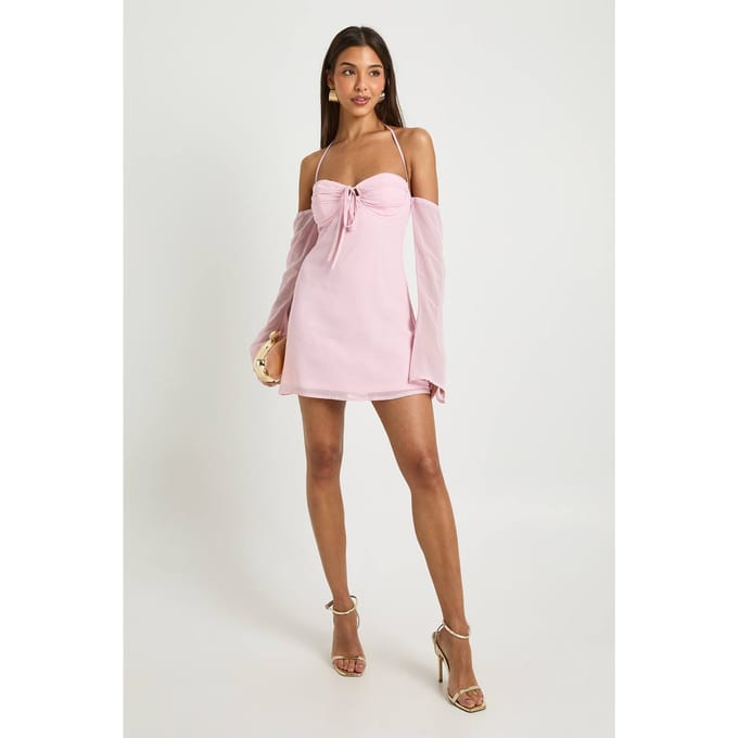 boohoo Dames Chiffon Mini Jurk met Lange Mouwen | Pink | Maat: 16