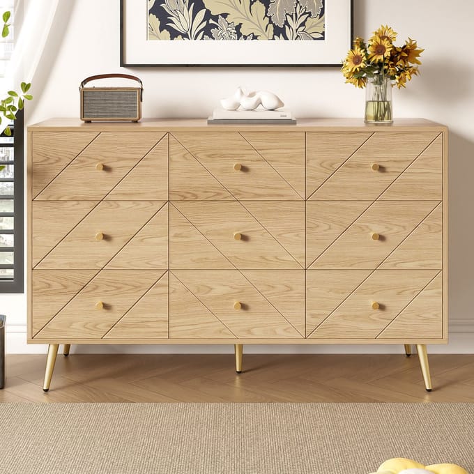 REDOM - Commode - 9 Laden - Geometrisch Front - Modern - Slaapkamer - Spaanplaat - Natuurkleur - 120 X 39 X 80 Cm