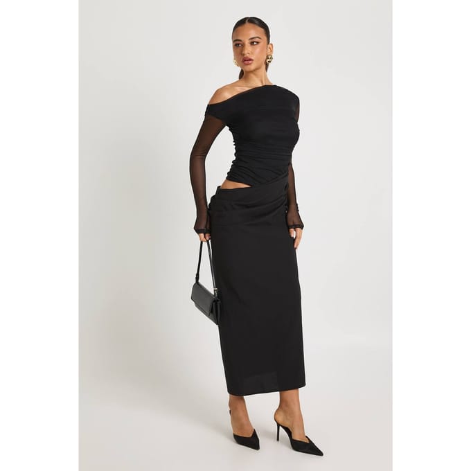 boohoo Dames Mesh Mix Draped Midaxi Jurk | Black | Maat: 8