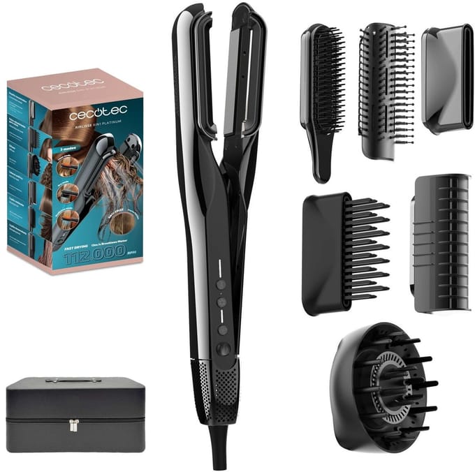 Cecotec Plancha de Pelo con Aire con 6 Accesorios AirLisse 6in1 Premium. 112000RPM, Flujo Aire 13m/s, Función Plasma