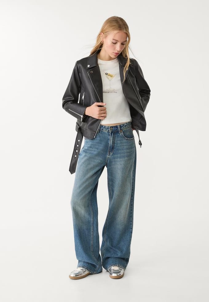 Stradivarius Bikerjack met leereffect  Zwart L