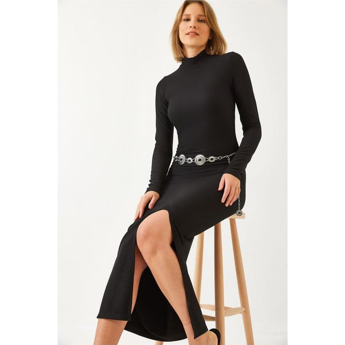 Gestructureerde Midi-jurk met Halve Col en Splits