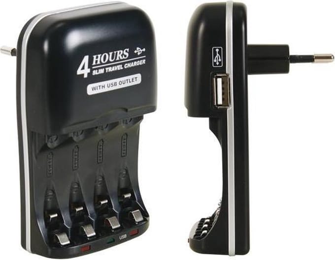 Velleman Snelle oplader, geschikt voor NiMH AA- en AAA-batterijen, met USB-uitgang, microprocessorbesturing, LED-indicator tijdens het opladen