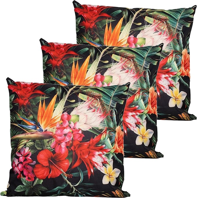 Anna's collection buitenkussen bloem - 3x - rood/zwart - 60 x 60 cm - Water en UV bestendig