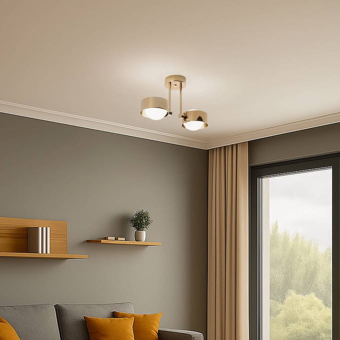 Argon Plafondlamp Mado, staal messingkleurig, glas opaal, 2-lamps.
