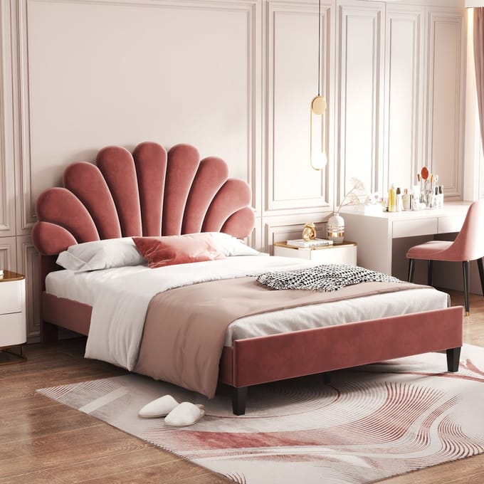 REDOM bedframe 140x200 cm – Fluweel bean paste red – Bloemvormig hoofdbord – 12 latten – 250 kg