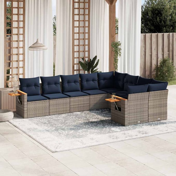 vidaXL - 9-delige - Loungeset - met - kussens - poly - rattan - grijs