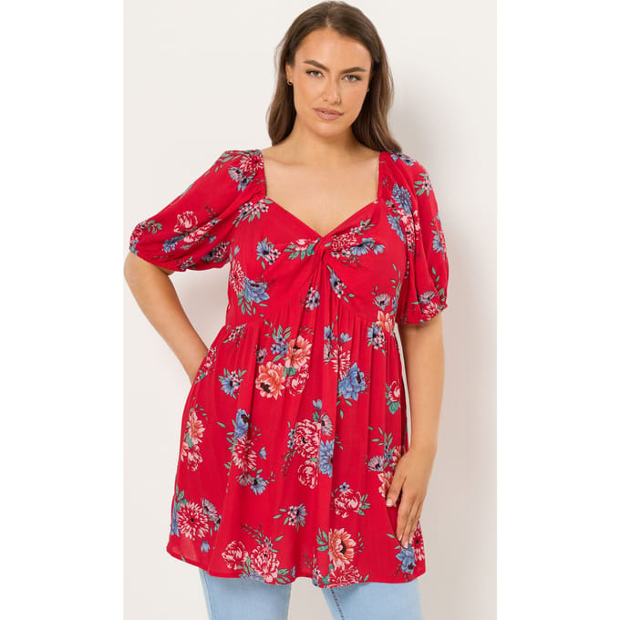 Yours Rode Blouse Met Bloemen En Gedraaide Voorkant Size 48